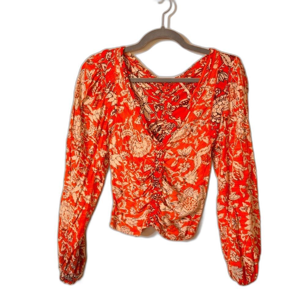 Free People Orange Floral Blouse with Deep V-Neck | X Small